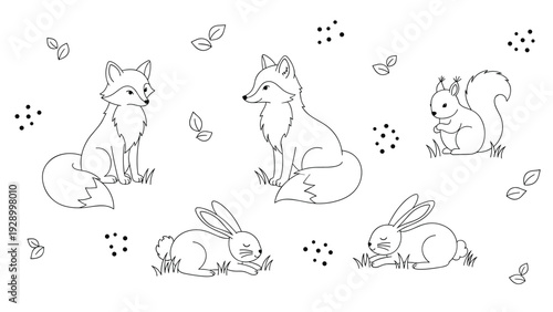 Charming set of woodland animals including foxes rabbits and squirrel illustrated in simple line art for kids.