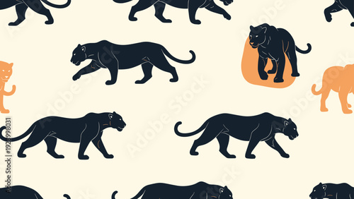 Striking black panther seamless pattern with wild cat silhouettes walking across light background for fashion textile prints.