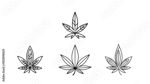 Set of four stylized cannabis sativa leaves in black line art outlines for herbal and alternative medicine designs.