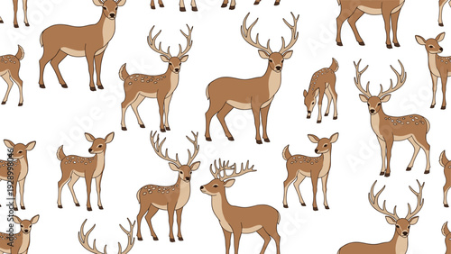 Elegant deer and stag seamless pattern featuring various poses of woodland wildlife on nature themed prints.