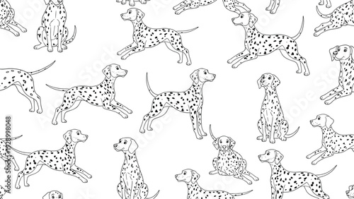 Playful dalmatian dog seamless pattern in black and white line art style featuring various active poses for pet lover designs.