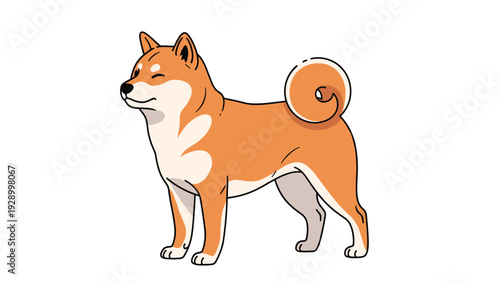 Adorable shiba inu dog standing sideways with characteristic curly tail illustrated in clean flat colors for pet lovers.