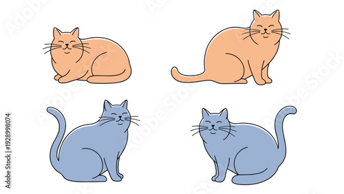 Adorable set of chubby ginger and blue cats illustrated in relaxed sitting and lying poses for feline pet themed designs.