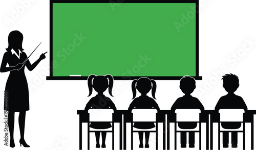 Female teacher teaching students in classroom with green chalkboard silhouette illustration, school education concept, learning environment, back to school design