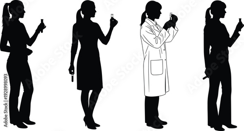 Female scientist silhouette illustration set holding test tubes, laboratory research and medical analysis concept, professional women in science, black and white vector isolated on white background