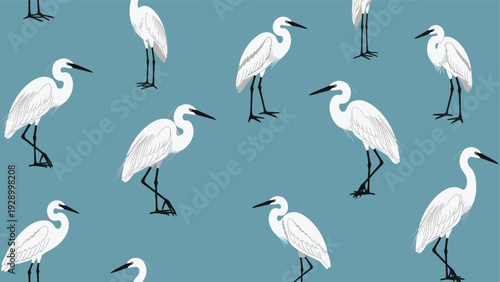 Seamless pattern showing white egrets or herons with long necks and legs standing in various poses against a solid blue background.
