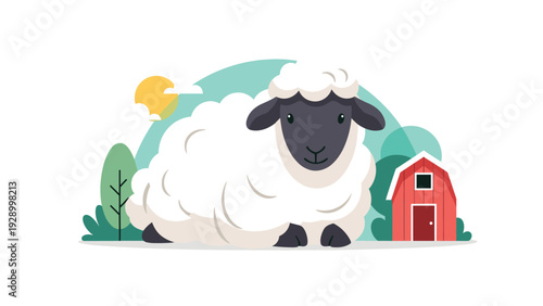 Fluffy white sheep illustration sitting in a field with a red barn and trees under a bright yellow sun in a charming farm landscape.