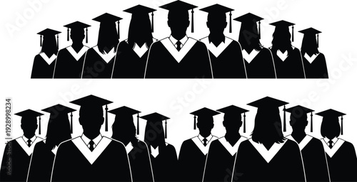 Graduation ceremony silhouette illustration with students wearing caps and gowns, academic achievement and education success concept, university graduates group isolated on white background