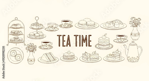 Hand Drawn Tea Time Vector Illustration Set with Cakes, Pastries, and Afternoon Tea Elements