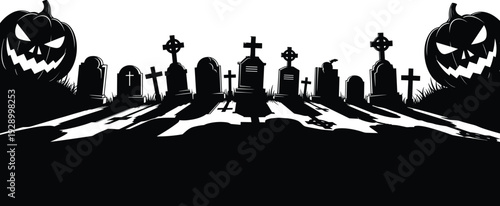Halloween graveyard silhouette illustration with spooky tombstones and evil pumpkins, dark horror night scene, creepy cemetery concept, black and white seasonal artwork isolated on white background