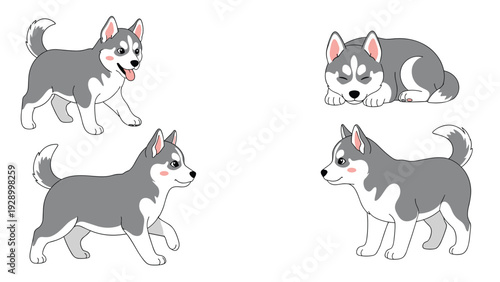 Four cute husky puppy illustrations showing the young dogs in various activities like walking, playing, and sleeping on a plain white background.