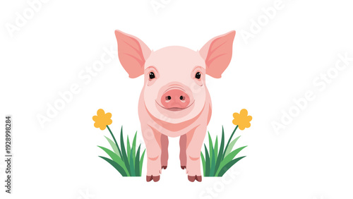 Adorable piglet illustration facing forward with a happy expression and two small yellow flowers at its feet on a white background.