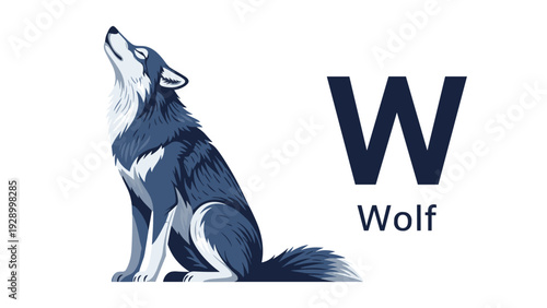 Wolf illustration howling at the sky with a large letter W and the word wolf in the corner in a clean and modern vector art style.