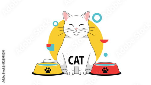 White cat illustration sitting calmly between two bowls of food and water with a large yellow circle and abstract shapes behind it.