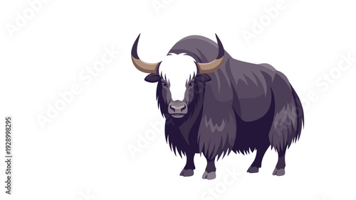 Large yak illustration showing the animal with long shaggy fur and massive curved horns facing forward on a white background.