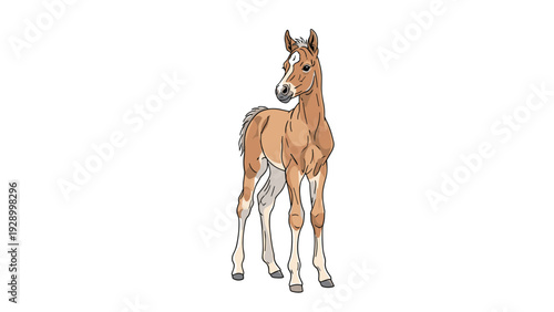 Young foal or baby horse illustration with a brown coat and white patch on its head standing on a clean white background.