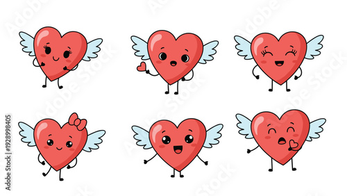 Set of six cute red heart characters with wings and different facial expressions on a white background.