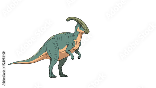 Detailed illustration of a green and orange parasaurolophus dinosaur standing in profile on a white background.