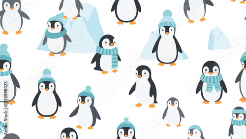 Seamless pattern of cute penguins wearing winter hats and scarves on icebergs against a white background.