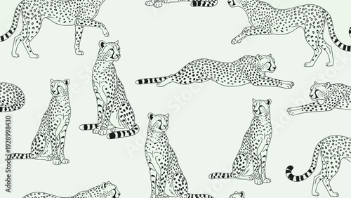 Seamless pattern of line art cheetahs in various poses including sitting, walking, and running on a pale background.