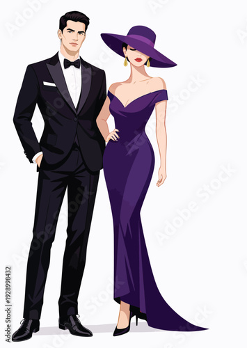 069-45-Stylish man in black tuxedo and woman in purple gown with hat standing together