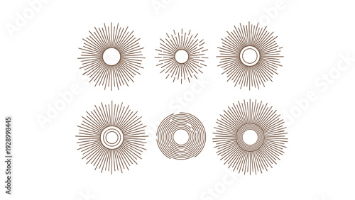 Collection of brown line art sunburst patterns and circular decorative elements on a white background.