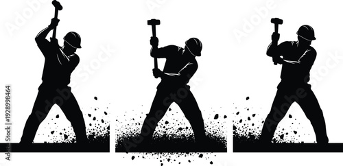 Industrial workers breaking ground with sledgehammer silhouettes, construction demolition labor action, heavy manual work concept, strength and teamwork illustration isolated on white