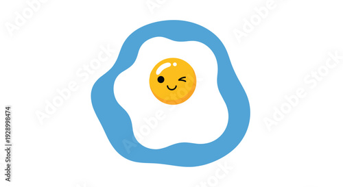Smiling fried egg with a cute winking face and tiny mouth set against a wavy blue background for a cheerful breakfast theme.