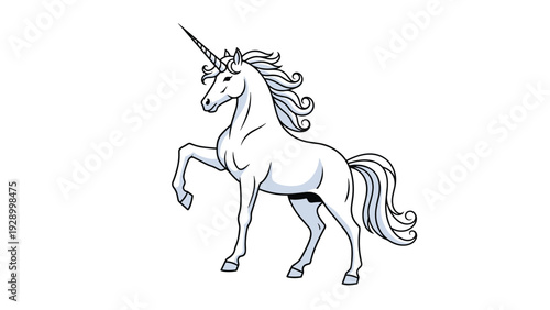 Majestic white unicorn standing with one leg raised and a flowing mane on a plain white background.