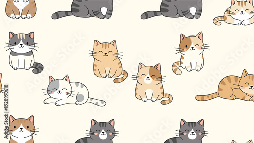 Seamless pattern of adorable cartoon cats in different colors and patterns sitting on a light yellow background.