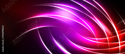 Abstract design features vibrant neon lines, curves, gradients. Dark background emphasizes bright illumination, creating dynamic visual effect.