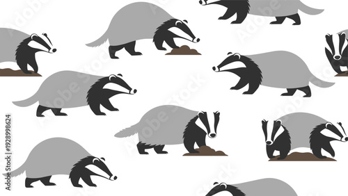 Seamless pattern featuring cute badger characters walking and standing in various poses on a clean white background for textile design.