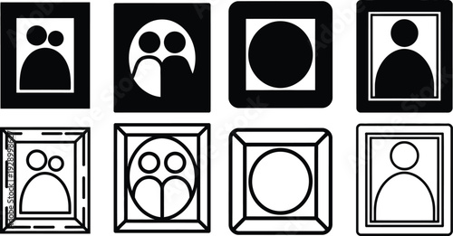 Set of portrait and profile icons within frames, representing people, users, and personal profiles.