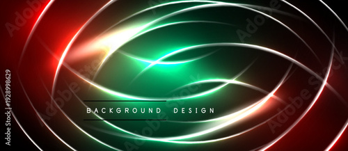 Abstract design features vibrant glowing lines, red, green hues. Central text reads background design. Dark backdrop enhances luminosity.