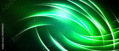 Abstract green light streaks swirl, creating dynamic energy. Bright glow emanates from center, contrasting dark background.