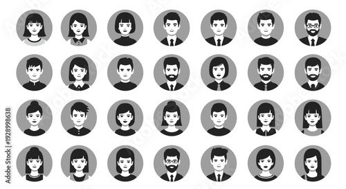 Extensive set of twenty-eight diverse human avatars in black and white circles representing different genders and hairstyles for web users.