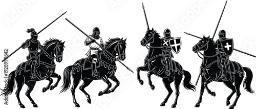 Medieval knights on horseback with spears and shields silhouette illustration, ancient cavalry warriors, historical battle scene, crusader army concept, vintage war design