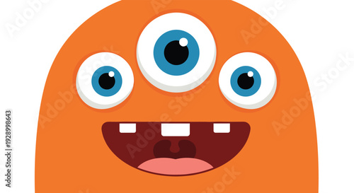 Close up portrait of a funny orange monster character with three blue eyes and a wide toothy grin for a friendly creature illustration.