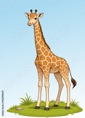 069-47-Giraffe standing on grass with typical brown spots, illustrating african wildlife
