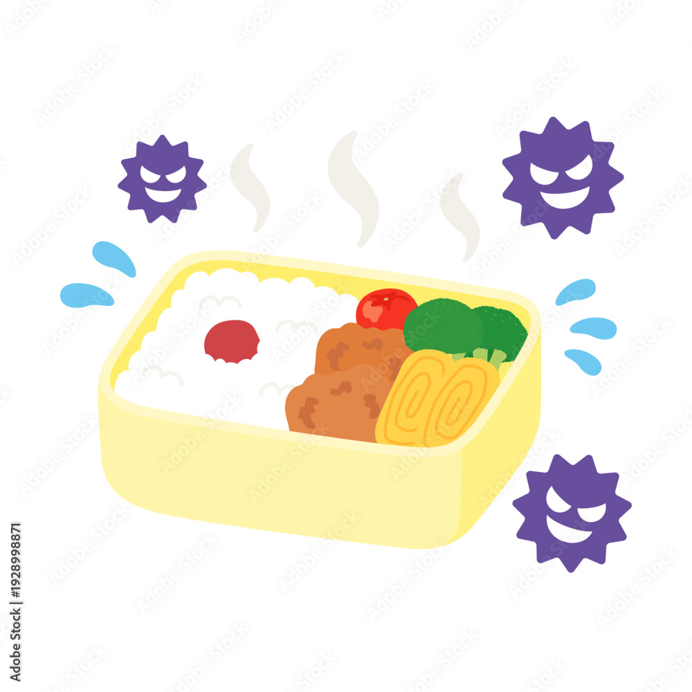 Fototapeta premium 傷んだお弁当と食中毒菌のイラスト