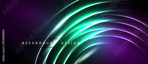 Abstract background features curved lines, vibrant purple, green hues. Modern design creates dynamic visual effect. Smooth gradients enhance depth.