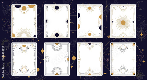Collection of eight decorative tarot card frames in a mystical gold and black celestial style featuring moon symbols for oracle card designs.