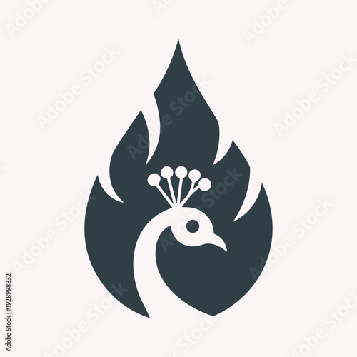 A stylized peacock head logo with a flame design element