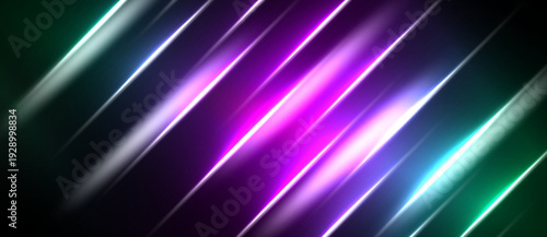 Abstract background features vibrant diagonal lines. Colors shift from teal to magenta, creating dynamic visual effect. Smooth gradients dominate composition.