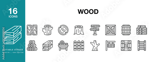Wood icon set. Includes wood, timber, lumber, plank, log, hardwood and More. Editable Stroke Icon Collection.