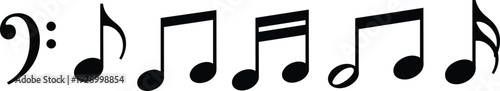 Musical notes and bass clef symbols vector illustration, black music notation icons isolated on white background for sound, rhythm, and melody design