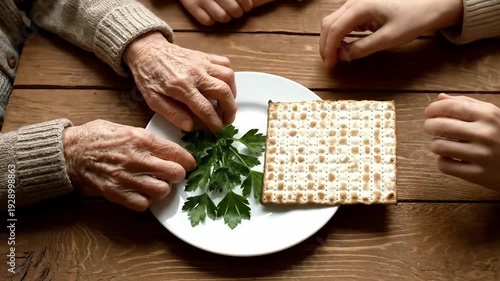Generational hands observe the sacred Jewish Passover Seder traditions, sharing symbolic matzah and karpas during a meaningful and reflective family meal