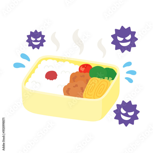 傷んだお弁当と食中毒菌のイラスト