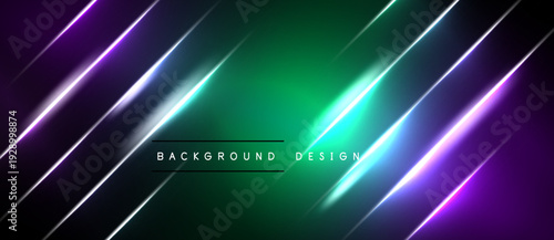 Abstract background features vibrant diagonal lines. Green, purple, white hues create dynamic visual effect. Modern design element.