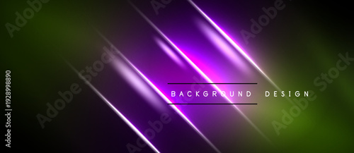 Abstract background features vibrant purple, green gradients. Diagonal light streaks intersect, creating dynamic visual effect. Text reads background design.